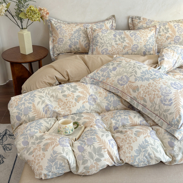 91家纺网 家纺一手货源 找家纺 U品汇 2026新款全棉纯棉麻数码印花四件套亚麻复古夏季床上用品（70%棉30%亚麻） 叶之语