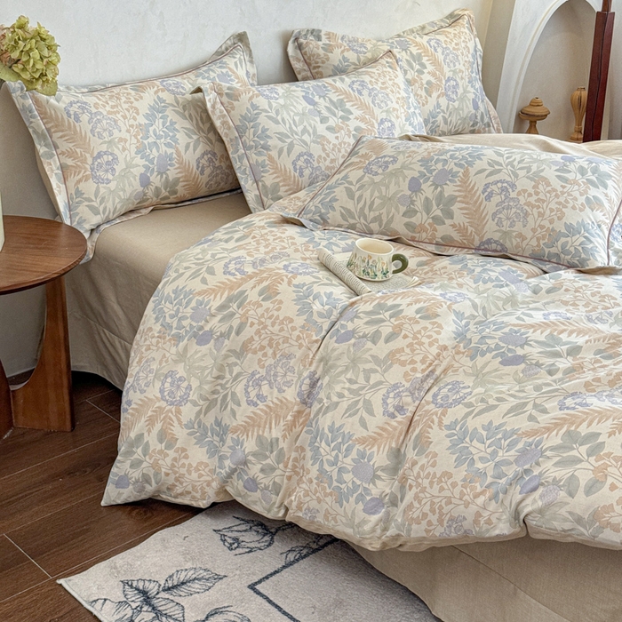 91家纺网 家纺一手货源 找家纺 U品汇 2026新款全棉纯棉麻数码印花四件套亚麻复古夏季床上用品（70%棉30%亚麻） 叶之语