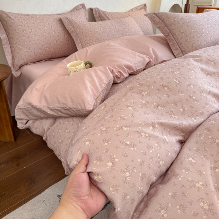 91家纺网 家纺一手货源 找家纺 U品汇 2026新款全棉纯棉麻数码印花四件套亚麻复古夏季床上用品（70%棉30%亚麻） 伊人-豆沙