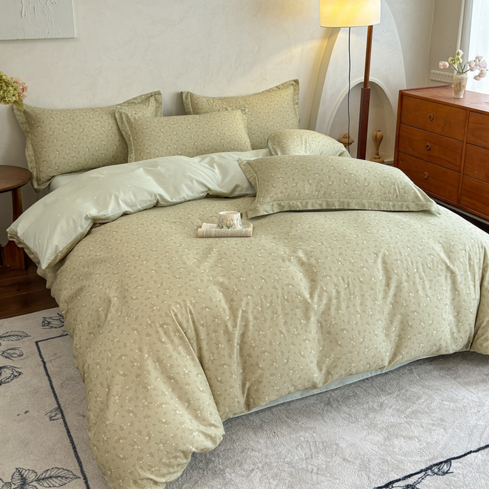 91家纺网 家纺一手货源 找家纺 U品汇 2026新款全棉纯棉麻数码印花四件套亚麻复古夏季床上用品（70%棉30%亚麻） 伊人-绿