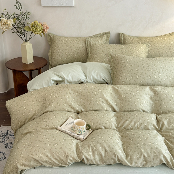 91家纺网 家纺一手货源 找家纺 U品汇 2026新款全棉纯棉麻数码印花四件套亚麻复古夏季床上用品（70%棉30%亚麻） 伊人-绿