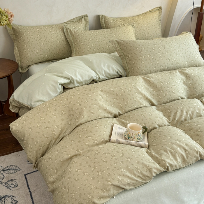 91家纺网 家纺一手货源 找家纺 U品汇 2026新款全棉纯棉麻数码印花四件套亚麻复古夏季床上用品（70%棉30%亚麻） 伊人-绿