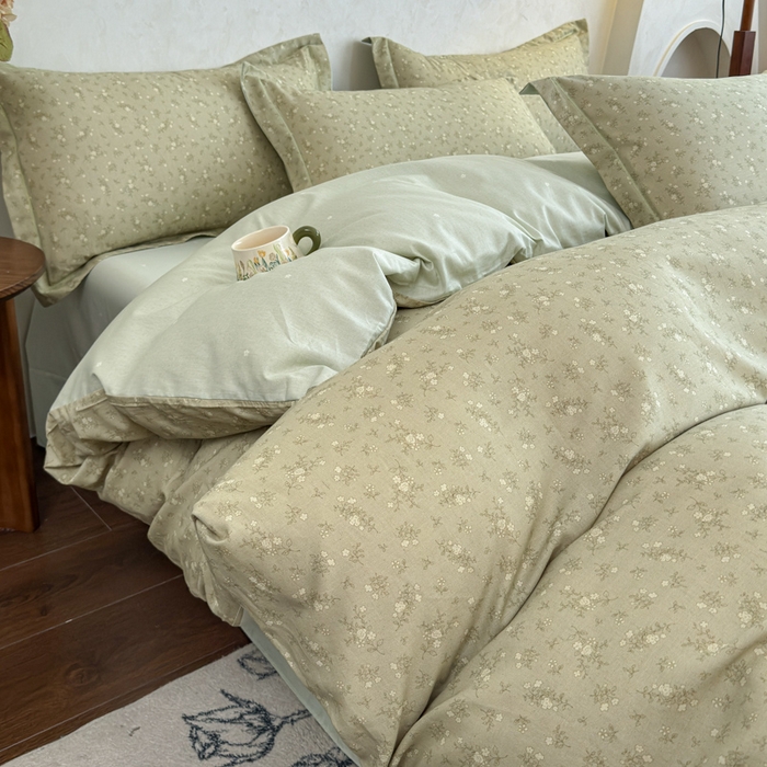 91家纺网 家纺一手货源 找家纺 U品汇 2026新款全棉纯棉麻数码印花四件套亚麻复古夏季床上用品（70%棉30%亚麻） 伊人-绿