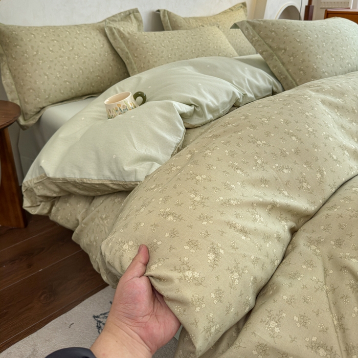 91家纺网 家纺一手货源 找家纺 U品汇 2026新款全棉纯棉麻数码印花四件套亚麻复古夏季床上用品（70%棉30%亚麻） 伊人-绿