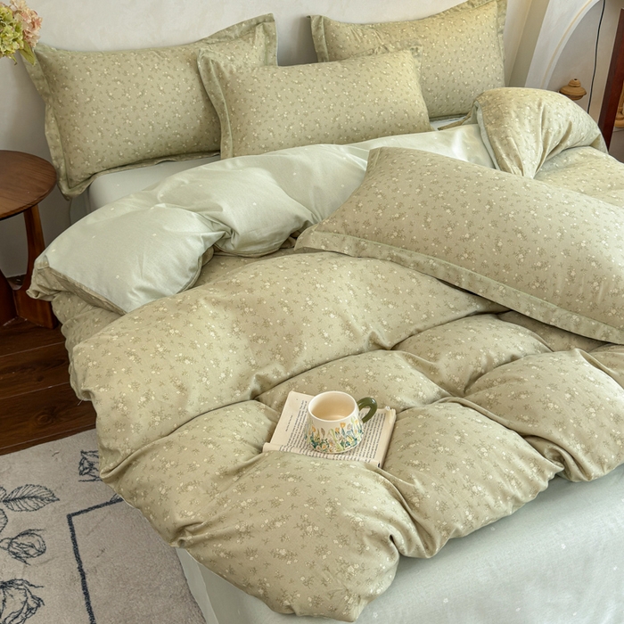 91家纺网 家纺一手货源 找家纺 U品汇 2026新款全棉纯棉麻数码印花四件套亚麻复古夏季床上用品（70%棉30%亚麻） 伊人-绿