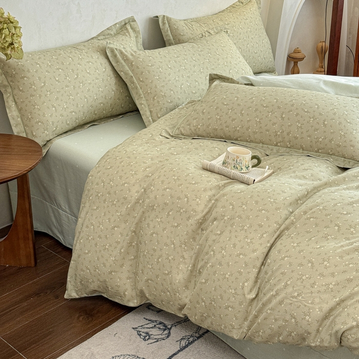 91家纺网 家纺一手货源 找家纺 U品汇 2026新款全棉纯棉麻数码印花四件套亚麻复古夏季床上用品（70%棉30%亚麻） 伊人-绿