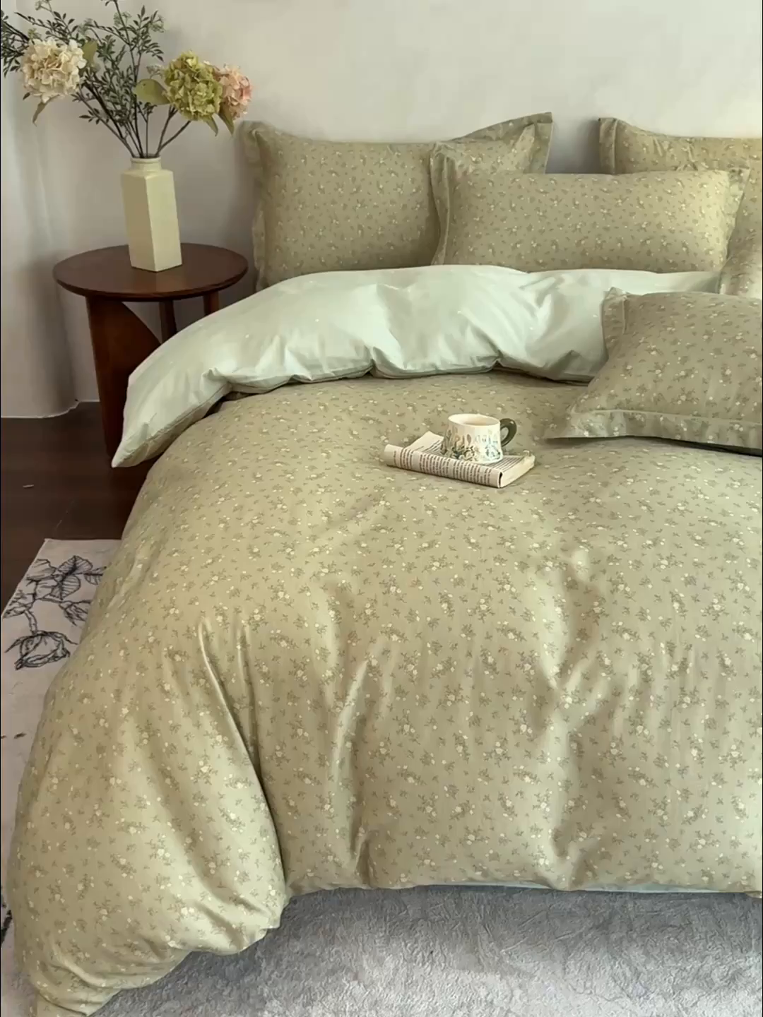 91家纺网 家纺一手货源 找家纺 U品汇 2026新款全棉纯棉麻数码印花四件套亚麻复古夏季床上用品（70%棉30%亚麻） 伊人-绿