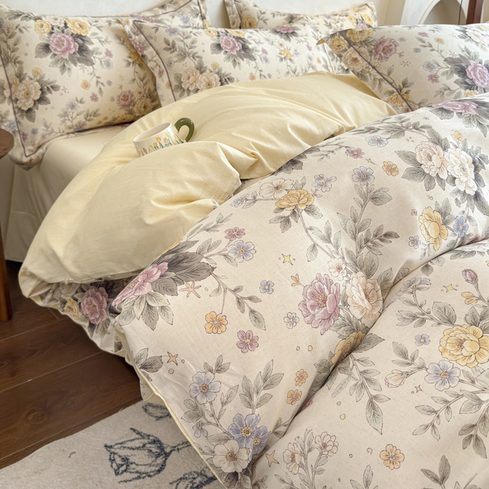 91家纺网 家纺一手货源 找家纺 U品汇 2026新款全棉纯棉麻数码印花四件套亚麻复古夏季床上用品（70%棉30%亚麻） 悠香花