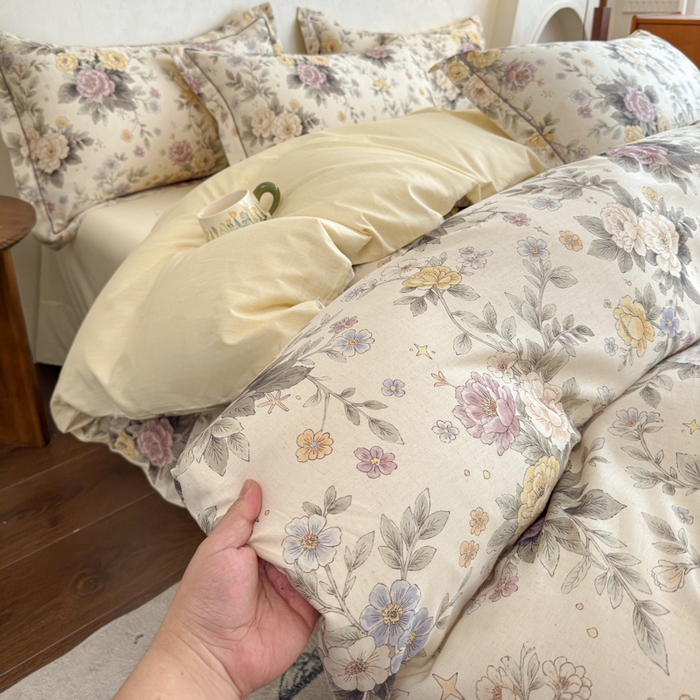 91家纺网 家纺一手货源 找家纺 U品汇 2026新款全棉纯棉麻数码印花四件套亚麻复古夏季床上用品（70%棉30%亚麻） 悠香花