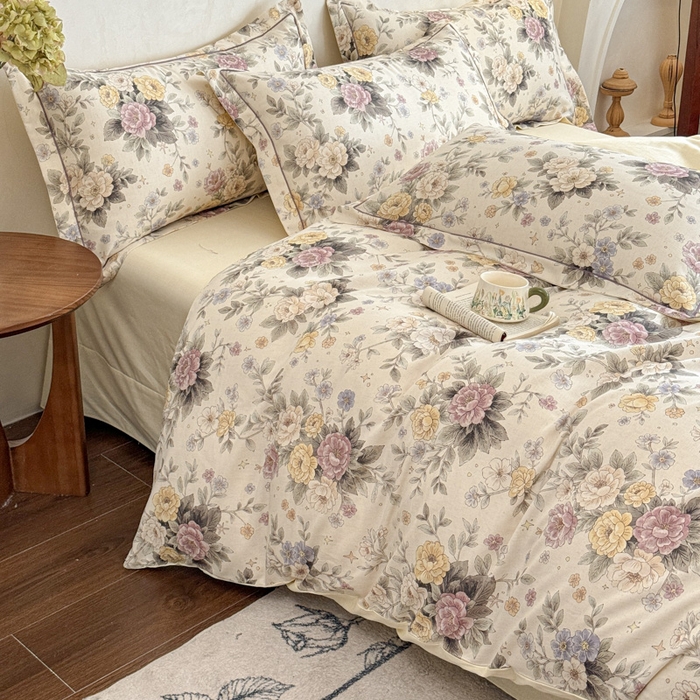 91家纺网 家纺一手货源 找家纺 U品汇 2026新款全棉纯棉麻数码印花四件套亚麻复古夏季床上用品（70%棉30%亚麻） 悠香花