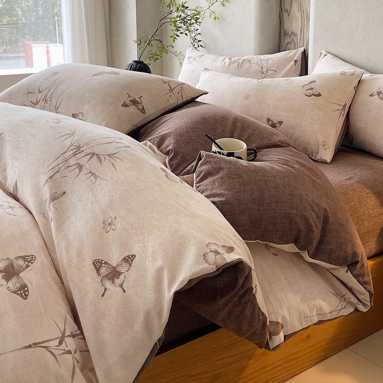 91家纺网 家纺一手货源 找家纺 灿哈家纺 2025新款复古风仿麻四件套 青筠蝶梦