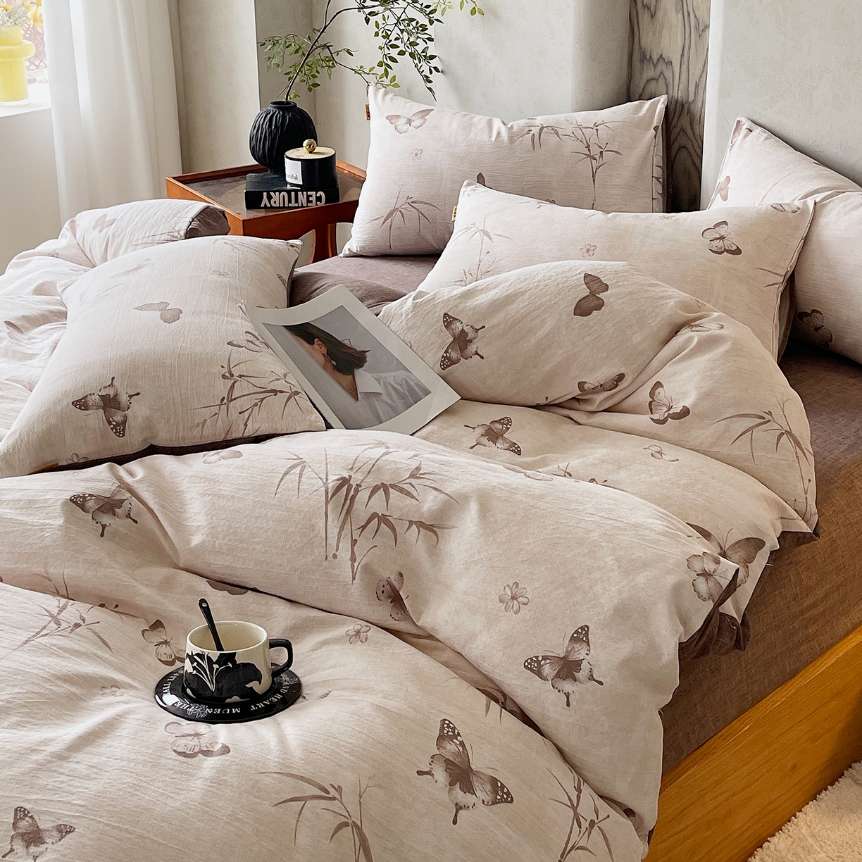 91家纺网 家纺一手货源 找家纺 灿哈家纺 2025新款复古风仿麻四件套 青筠蝶梦