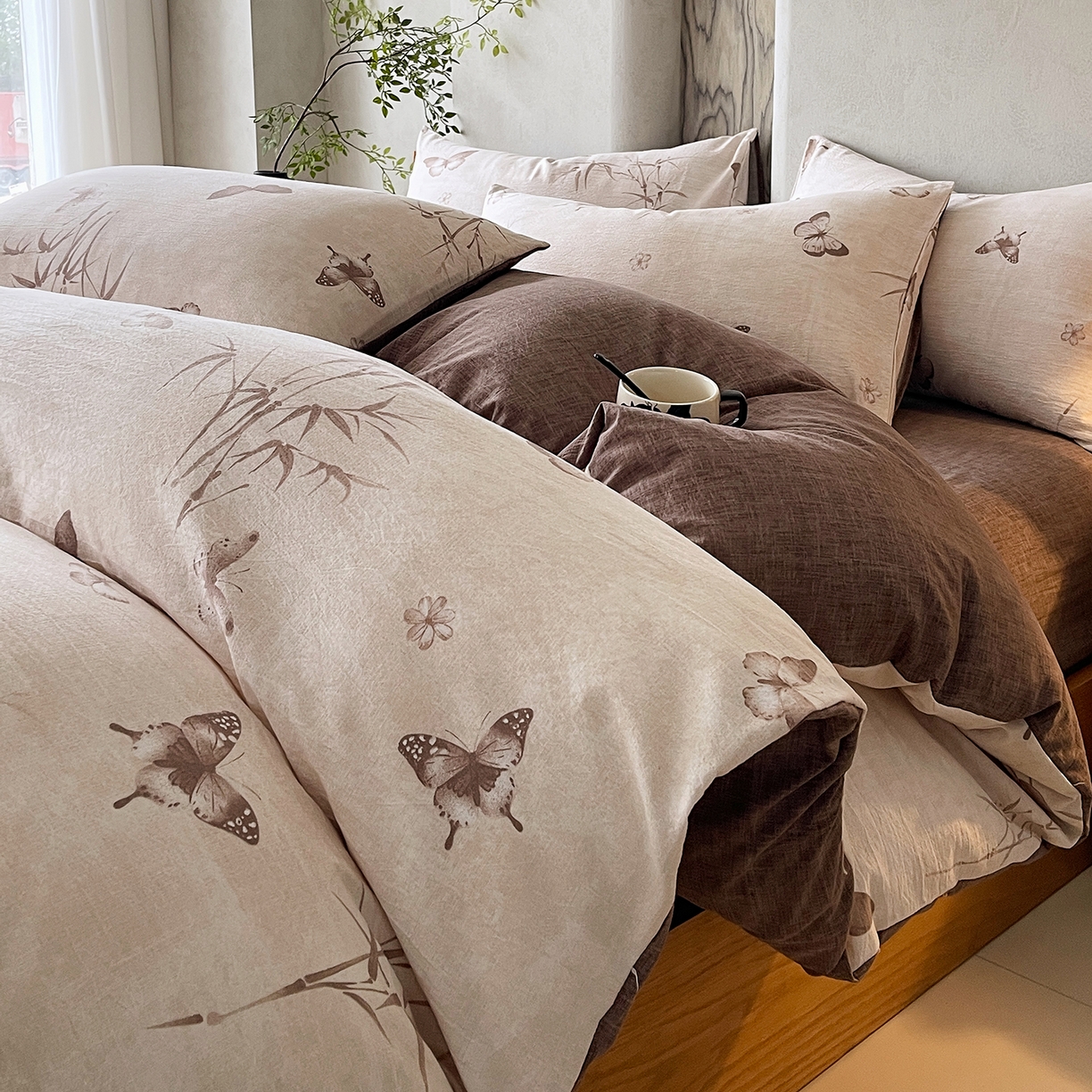 91家纺网 家纺一手货源 找家纺 灿哈家纺 2025新款复古风仿麻四件套 青筠蝶梦