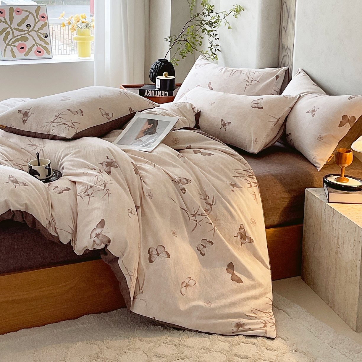 91家纺网 家纺一手货源 找家纺 灿哈家纺 2025新款复古风仿麻四件套 青筠蝶梦