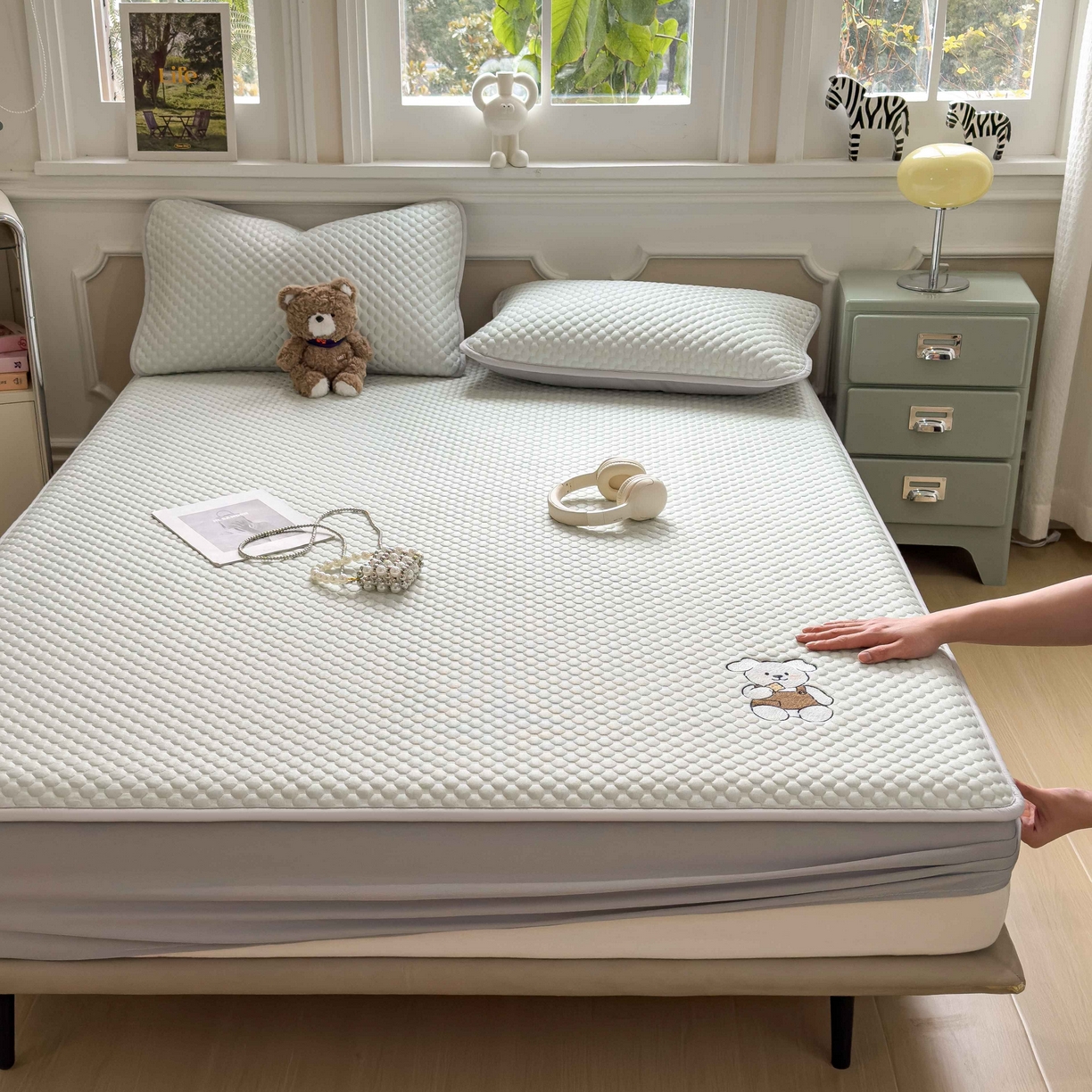 91家纺网 家纺一手货源 找家纺 孩子王家纺 2026春夏新款冰豆豆凉席凉感值过0.21冰丝床单单件冰丝席家用空调软席凉席席子 果绿-床笠款