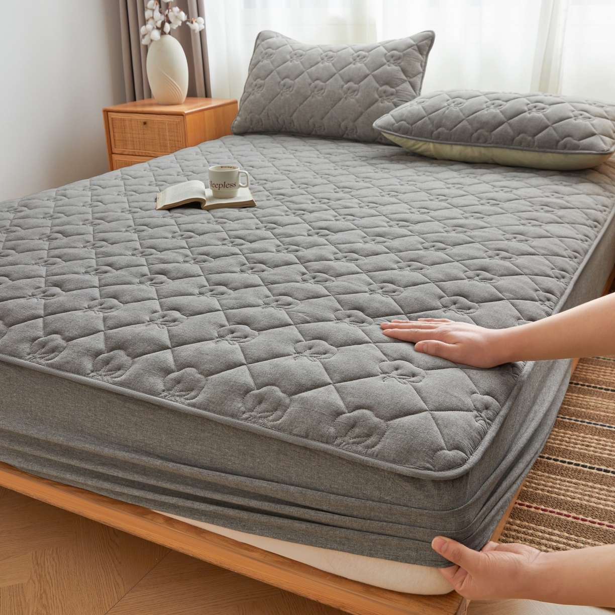 小米枕芯 2026新款全棉纯棉棉花图案舒适夹棉床笠 灰色