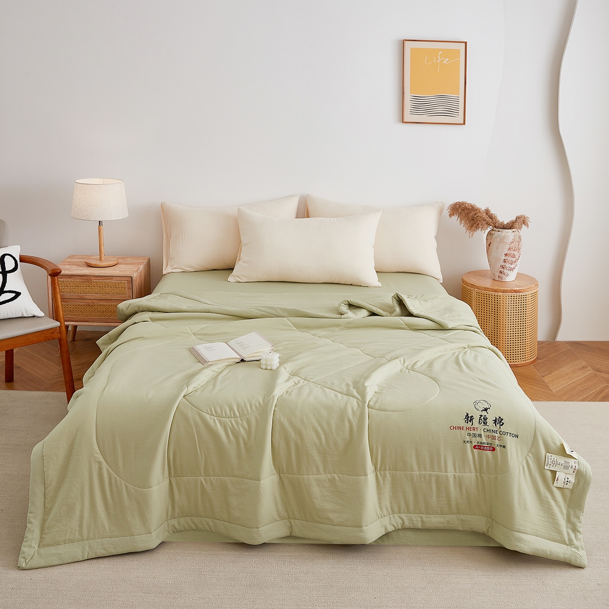 91家纺网 家纺一手货源 找家纺 尊妙被业 2026新款水洗棉棉花夏被100%新疆棉花被被子被芯填充包检测 岩松绿