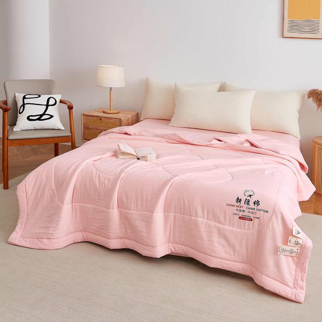 91家纺网 家纺一手货源 找家纺 尊妙被业 2026新款水洗棉棉花夏被100%新疆棉花被被子被芯填充包检测 蔷薇粉