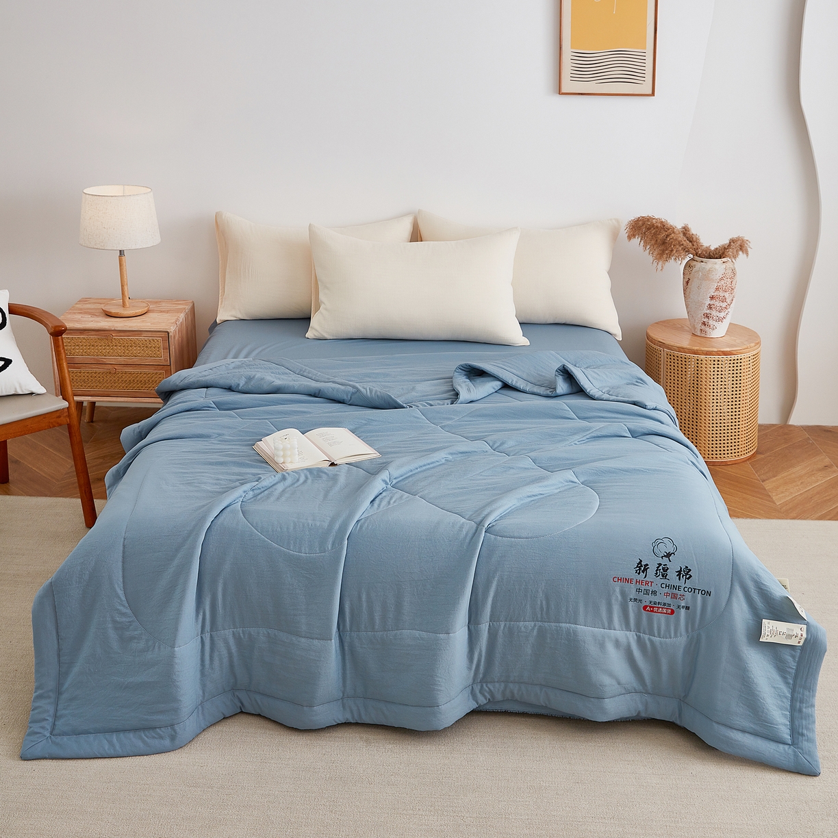 91家纺网 家纺一手货源 找家纺 尊妙被业 2026新款水洗棉棉花夏被100%新疆棉花被被子被芯填充包检测 复古蓝