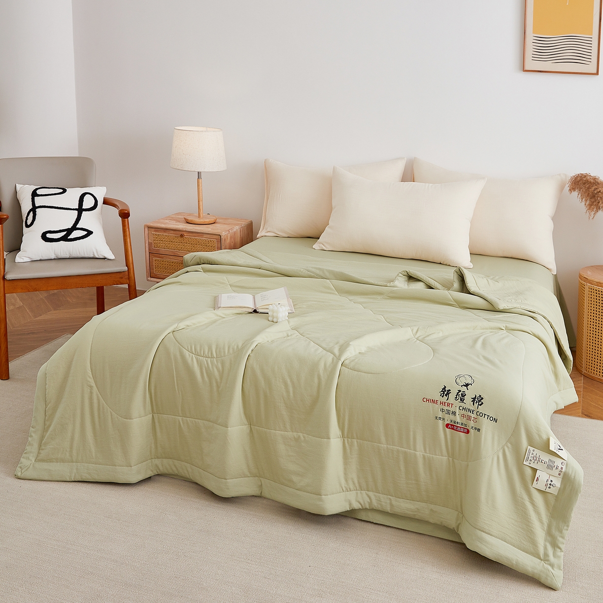 91家纺网 家纺一手货源 找家纺 尊妙被业 2026新款水洗棉棉花夏被100%新疆棉花被被子被芯填充包检测 岩松绿