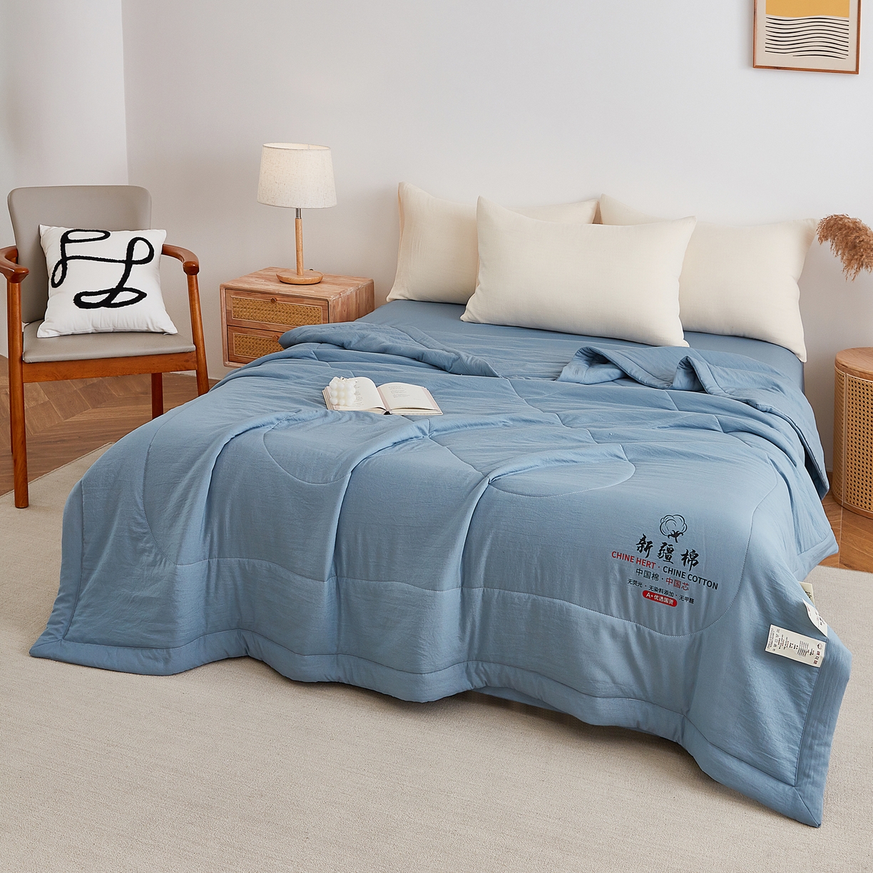 91家纺网 家纺一手货源 找家纺 尊妙被业 2026新款水洗棉棉花夏被100%新疆棉花被被子被芯填充包检测 复古蓝