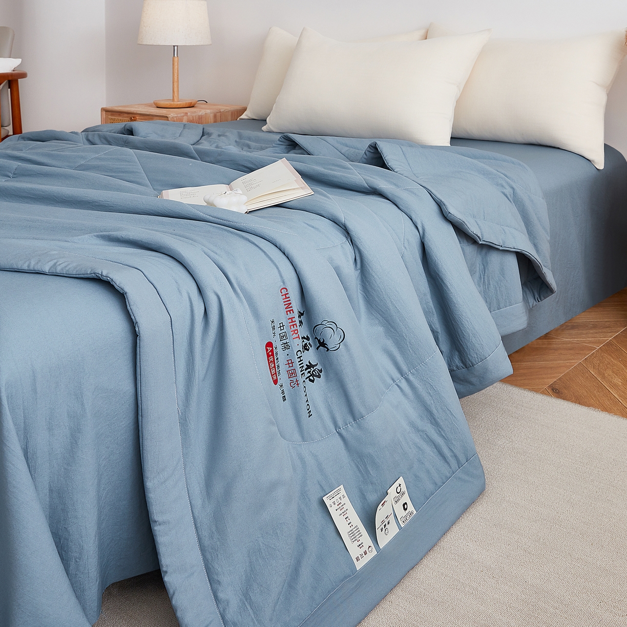 91家纺网 家纺一手货源 找家纺 尊妙被业 2026新款水洗棉棉花夏被100%新疆棉花被被子被芯填充包检测 复古蓝