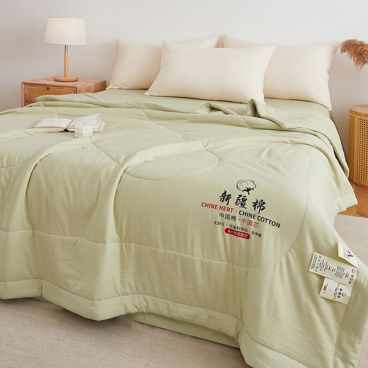 91家纺网 家纺一手货源 找家纺 尊妙被业 2026新款水洗棉棉花夏被100%新疆棉花被被子被芯填充包检测 岩松绿