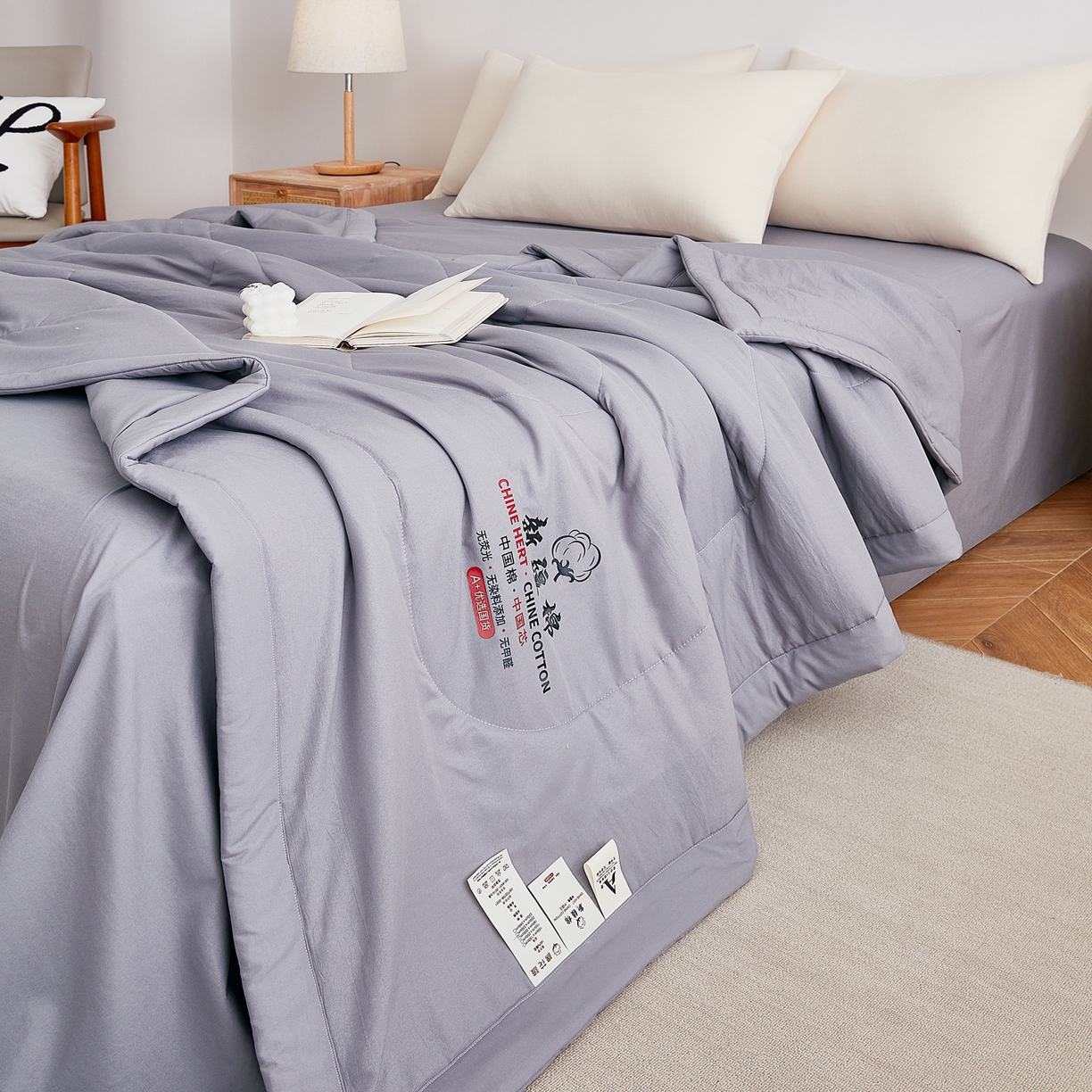 91家纺网 家纺一手货源 找家纺 尊妙被业 2026新款水洗棉棉花夏被100%新疆棉花被被子被芯填充包检测 巴黎灰