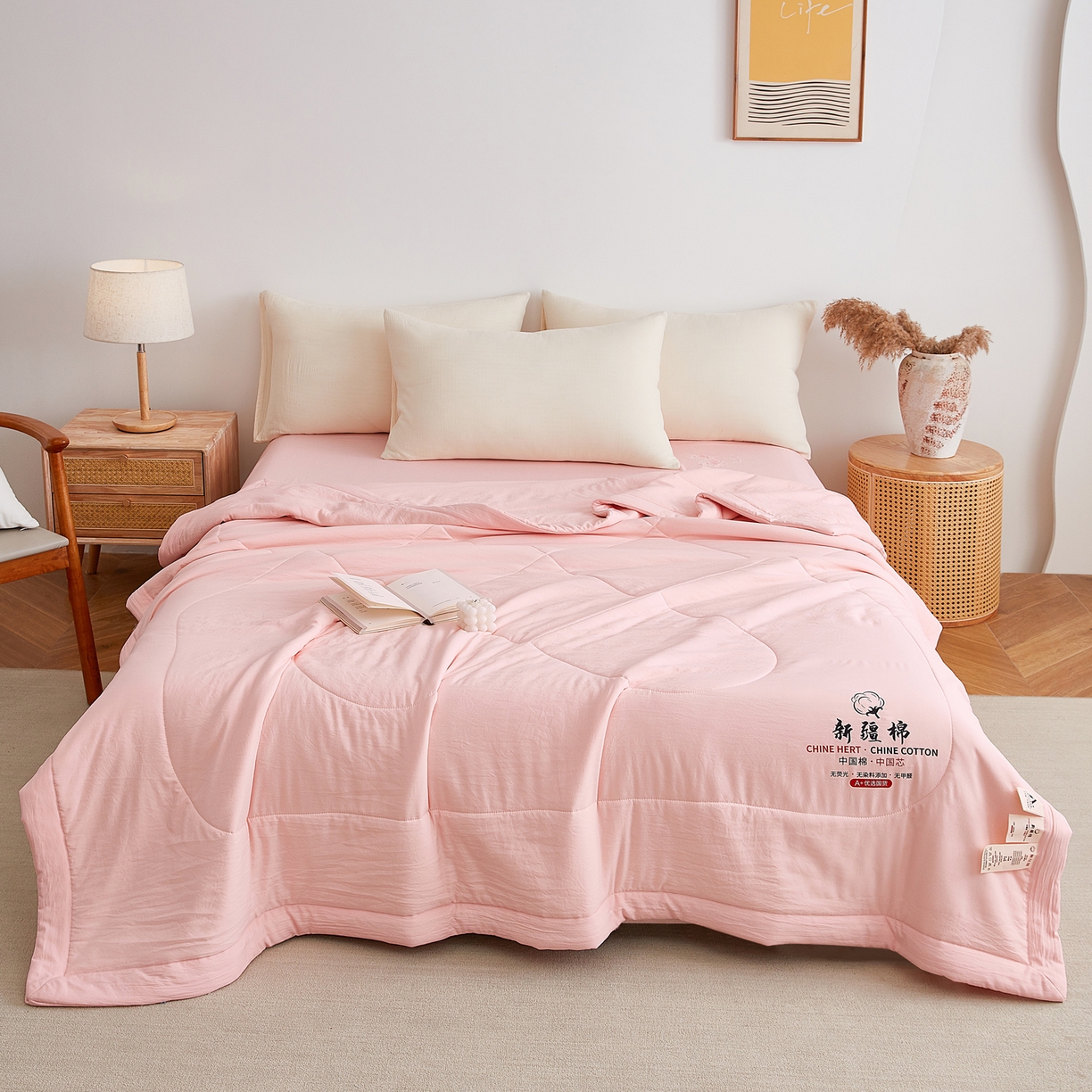 91家纺网 家纺一手货源 找家纺 尊妙被业 2026新款水洗棉棉花夏被100%新疆棉花被被子被芯填充包检测 蔷薇粉