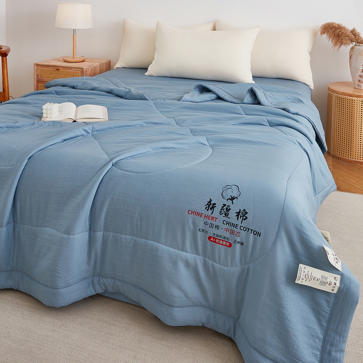 91家纺网 家纺一手货源 找家纺 尊妙被业 2026新款水洗棉棉花夏被100%新疆棉花被被子被芯填充包检测 复古蓝