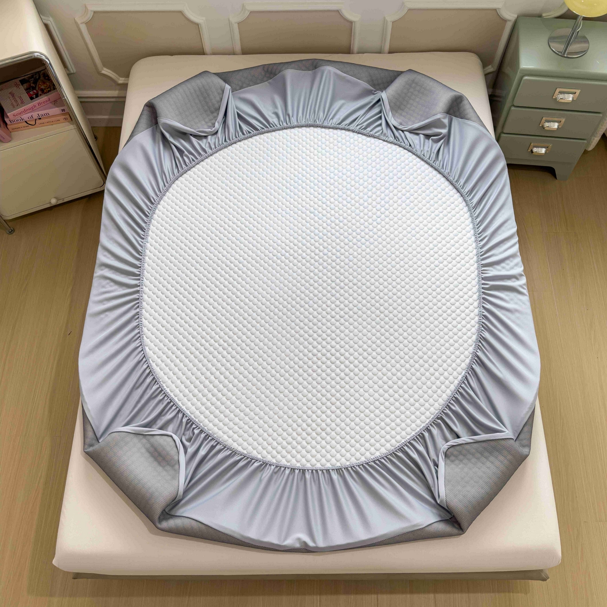 91家纺网 家纺一手货源 找家纺 孩子王家纺 2026春夏新款冰豆豆凉席凉感值过0.21冰丝床单单件冰丝席家用空调软席凉席席子 薇薇蓝-床笠款