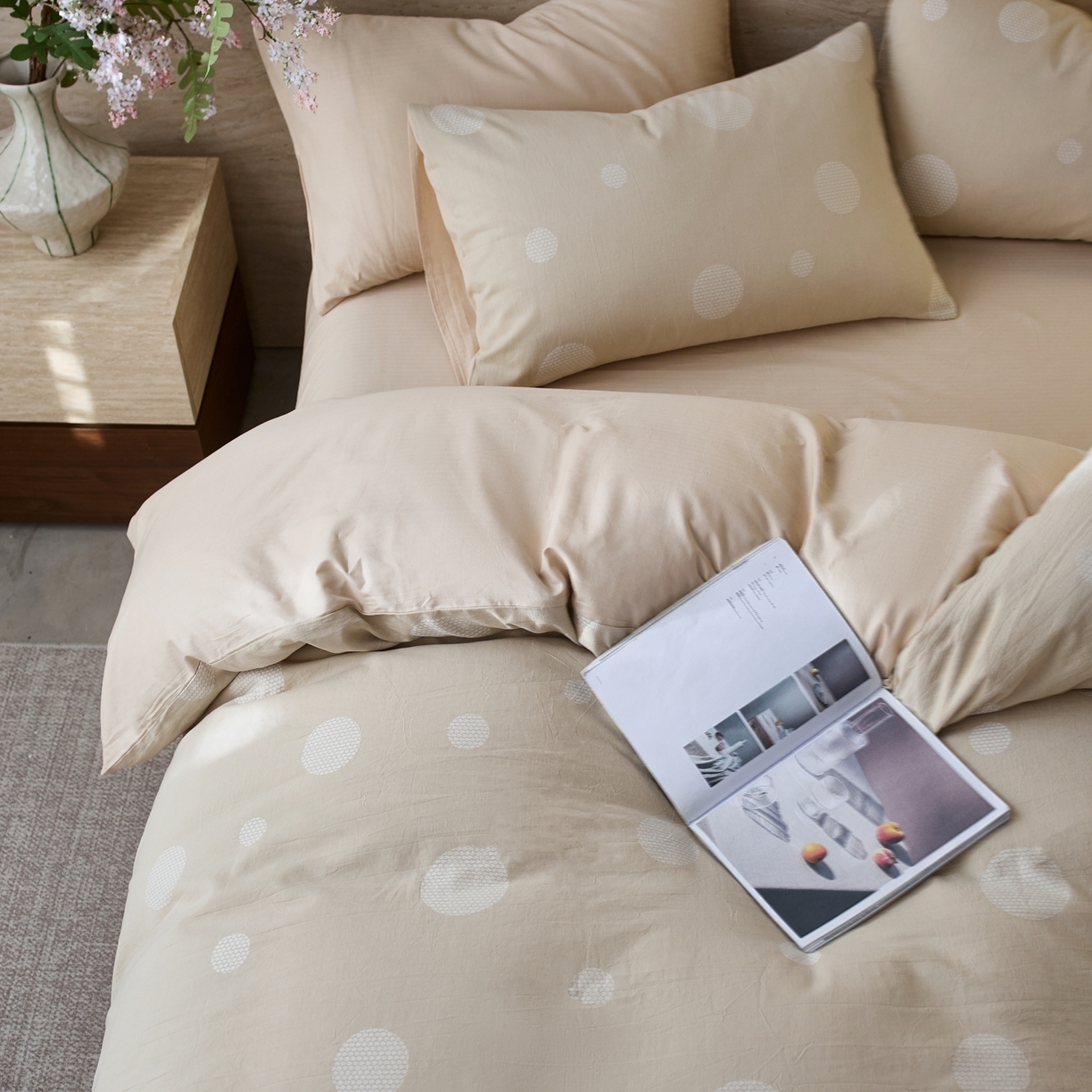 91家纺网 家纺一手货源 找家纺 安莱生活 2026年新品水洗棉全棉纯棉色织提花系列四件套 华尔兹-浅米