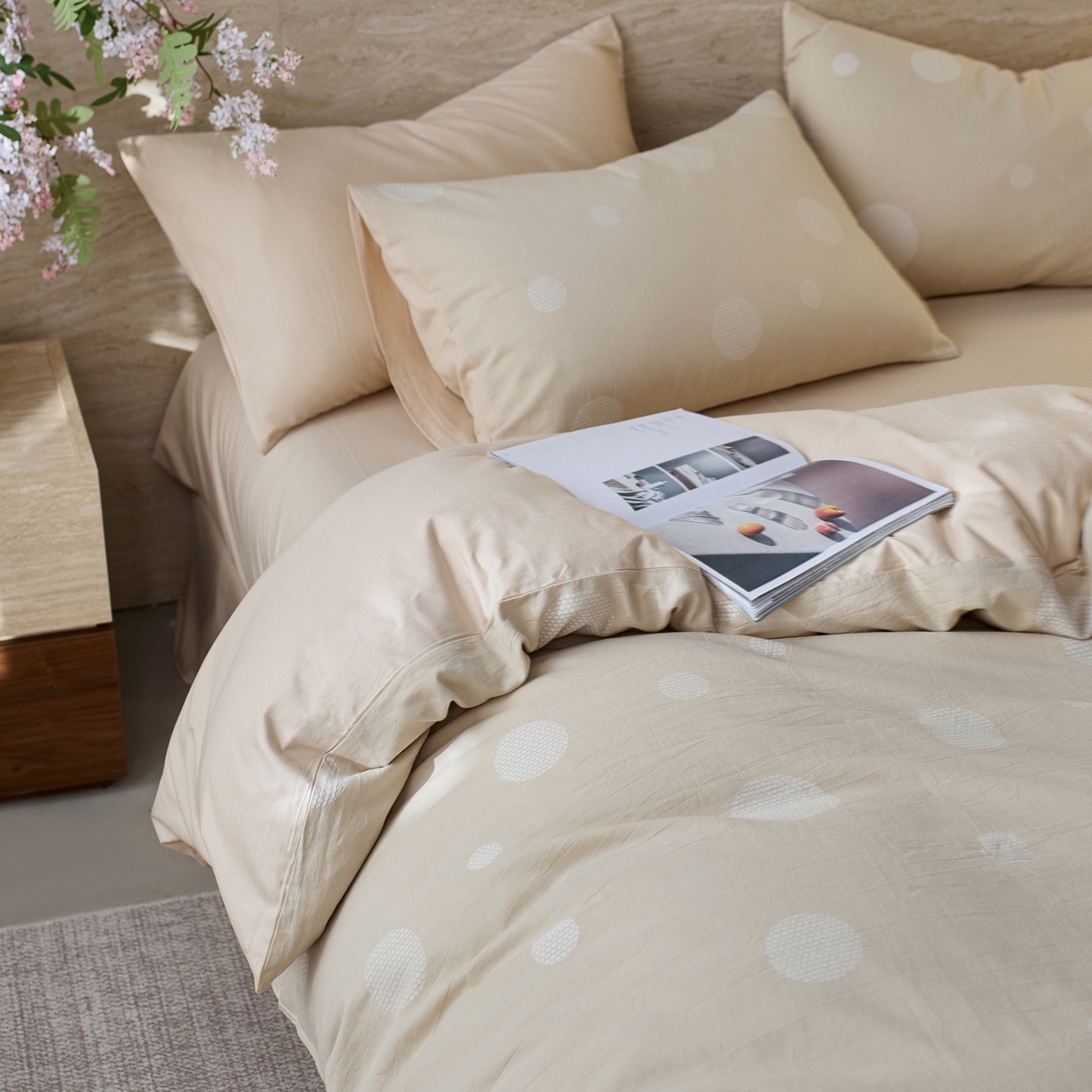 91家纺网 家纺一手货源 找家纺 安莱生活 2026年新品水洗棉全棉纯棉色织提花系列四件套 华尔兹-浅米