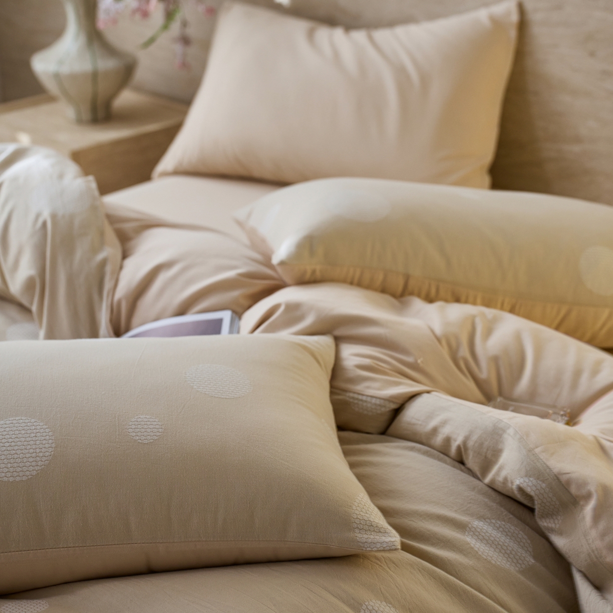 91家纺网 家纺一手货源 找家纺 安莱生活 2026年新品水洗棉全棉纯棉色织提花系列四件套 华尔兹-浅米