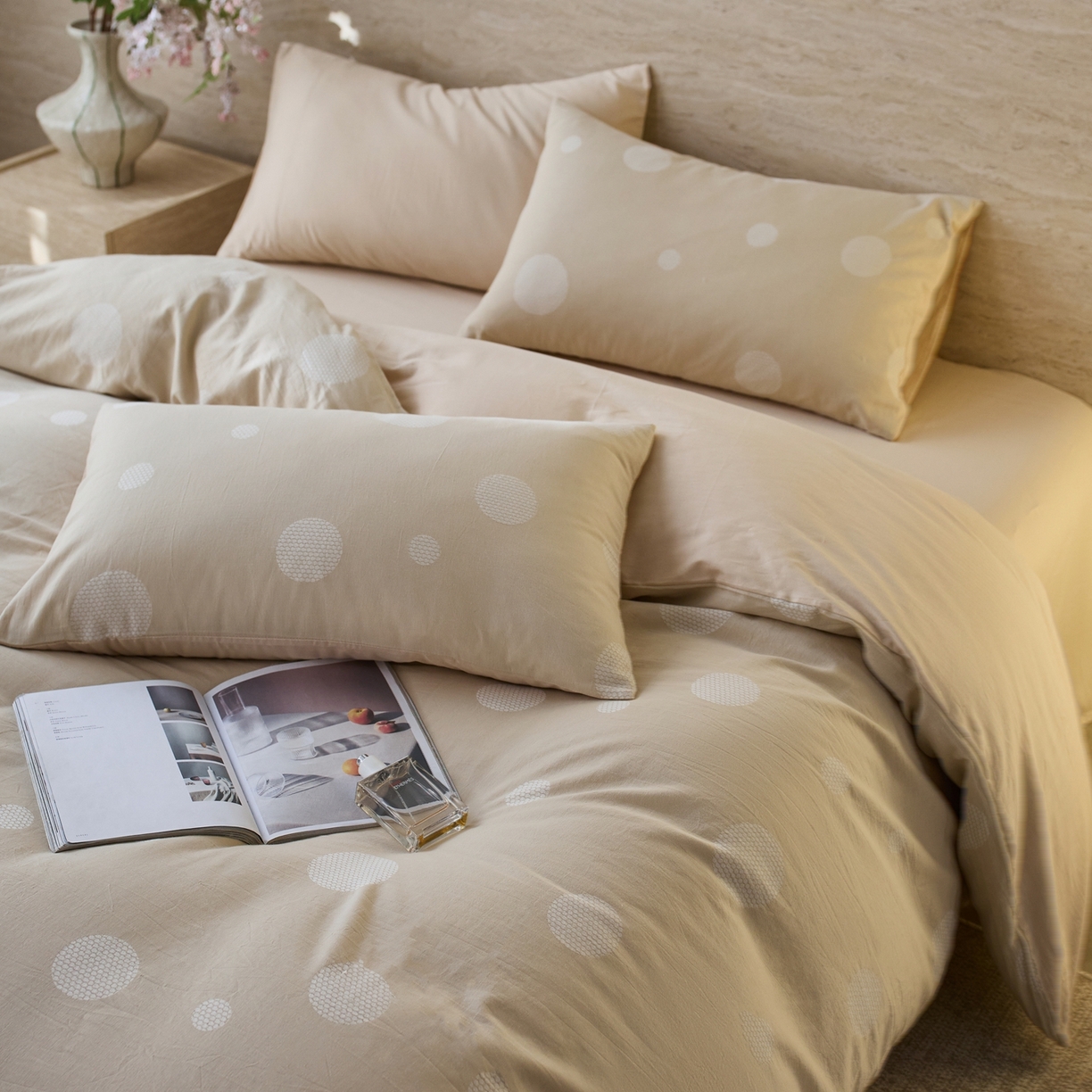 91家纺网 家纺一手货源 找家纺 安莱生活 2026年新品水洗棉全棉纯棉色织提花系列四件套 华尔兹-浅米