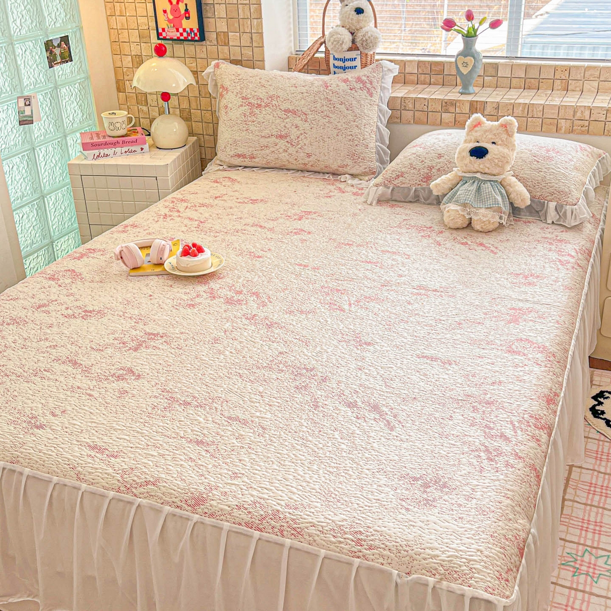 91家纺网 家纺一手货源 找家纺 川悦生活 2026新款加厚三明治底床裙款凉感席三件套 床裙尼尔-粉