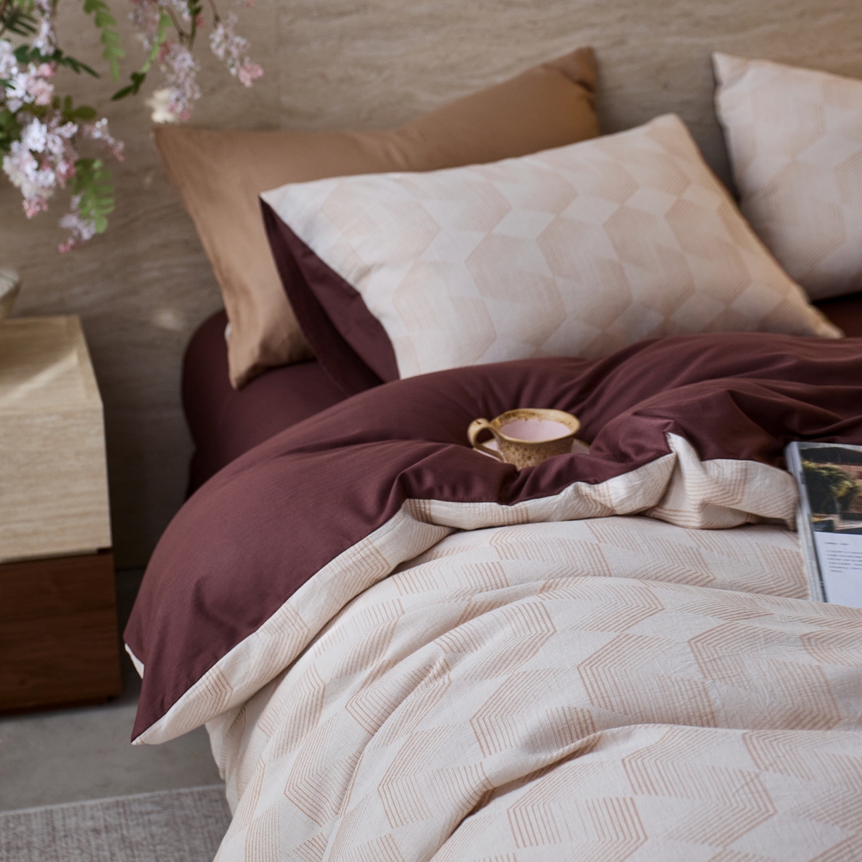 91家纺网 家纺一手货源 找家纺 安莱生活 2026年新品水洗棉全棉纯棉色织提花系列四件套 几何-蜜棕