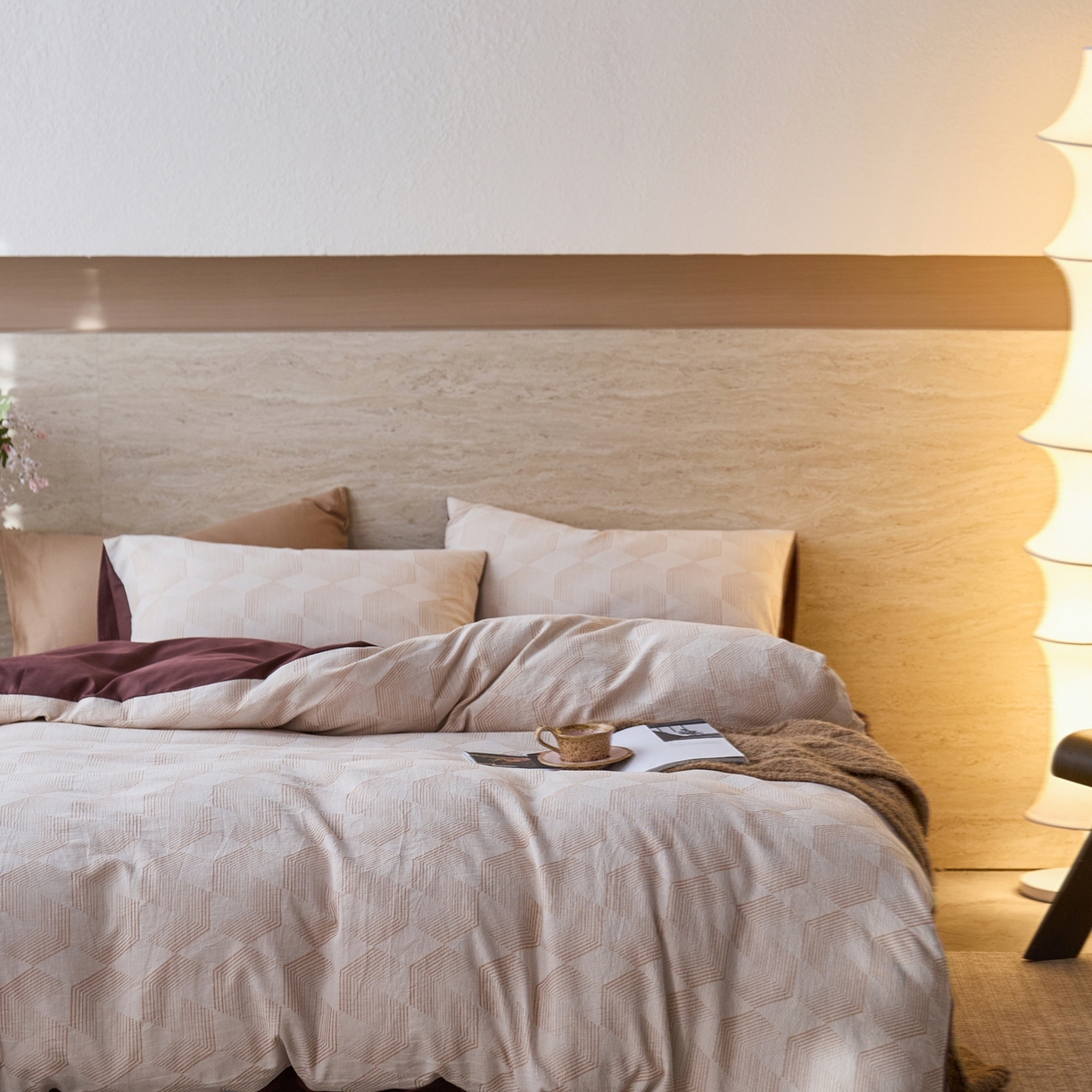 91家纺网 家纺一手货源 找家纺 安莱生活 2026年新品水洗棉全棉纯棉色织提花系列四件套 几何-蜜棕