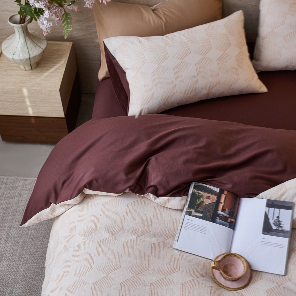 91家纺网 家纺一手货源 找家纺 安莱生活 2026年新品水洗棉全棉纯棉色织提花系列四件套 几何-蜜棕