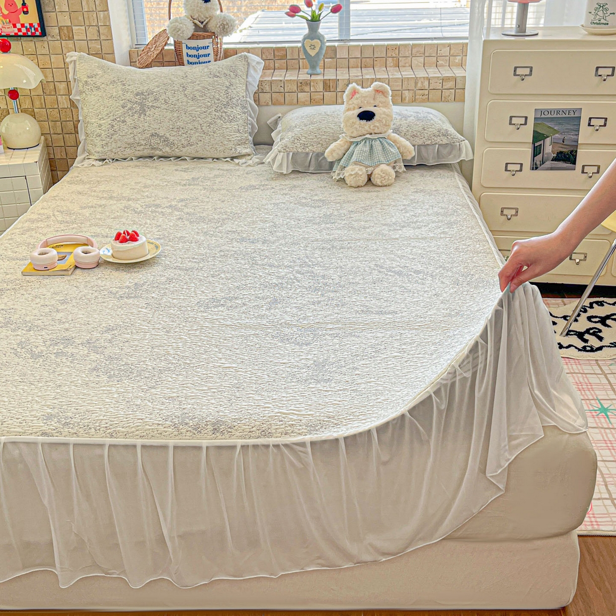 川悦生活 2026新款加厚三明治底床裙款凉感席三件套 床裙尼尔-星灰