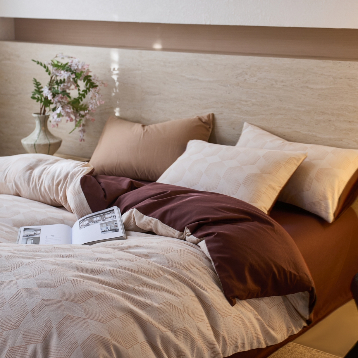 91家纺网 家纺一手货源 找家纺 安莱生活 2026年新品水洗棉全棉纯棉色织提花系列四件套 几何-蜜棕