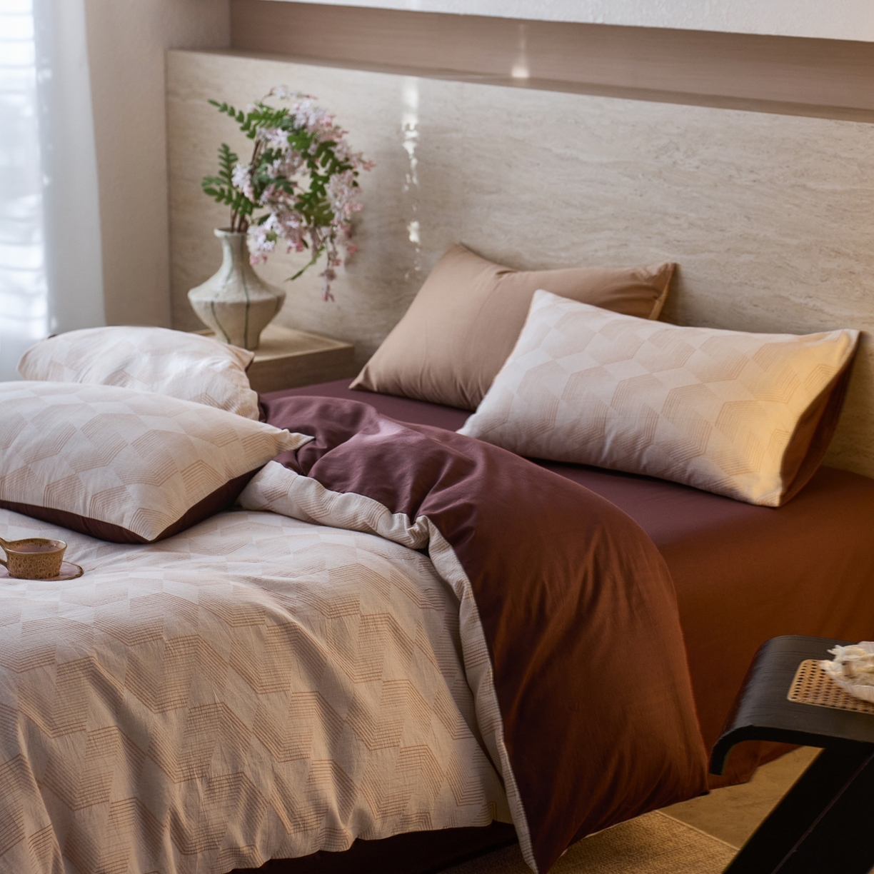 91家纺网 家纺一手货源 找家纺 安莱生活 2026年新品水洗棉全棉纯棉色织提花系列四件套 几何-蜜棕