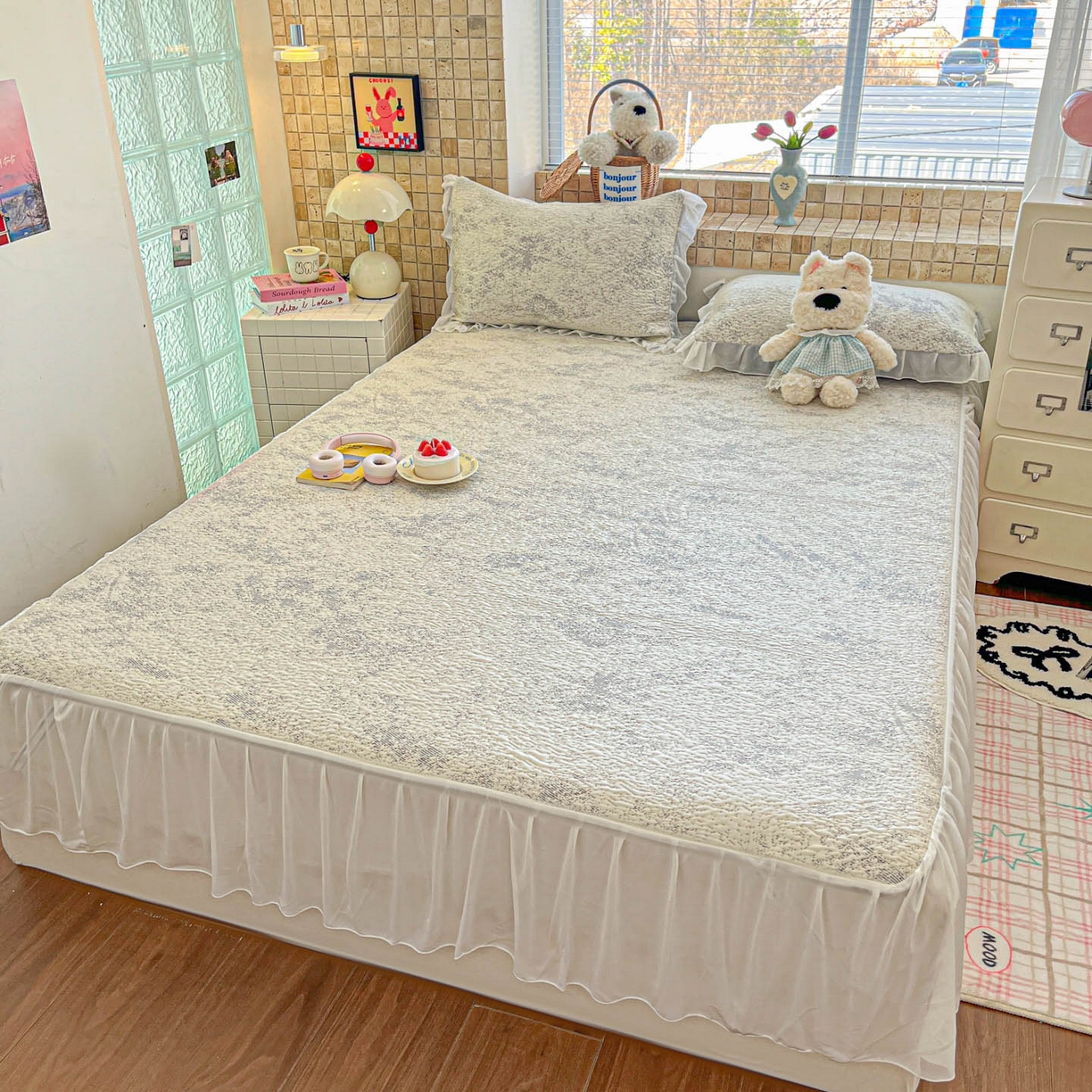 91家纺网 家纺一手货源 找家纺 川悦生活 2026新款加厚三明治底床裙款凉感席三件套 床裙尼尔-星灰