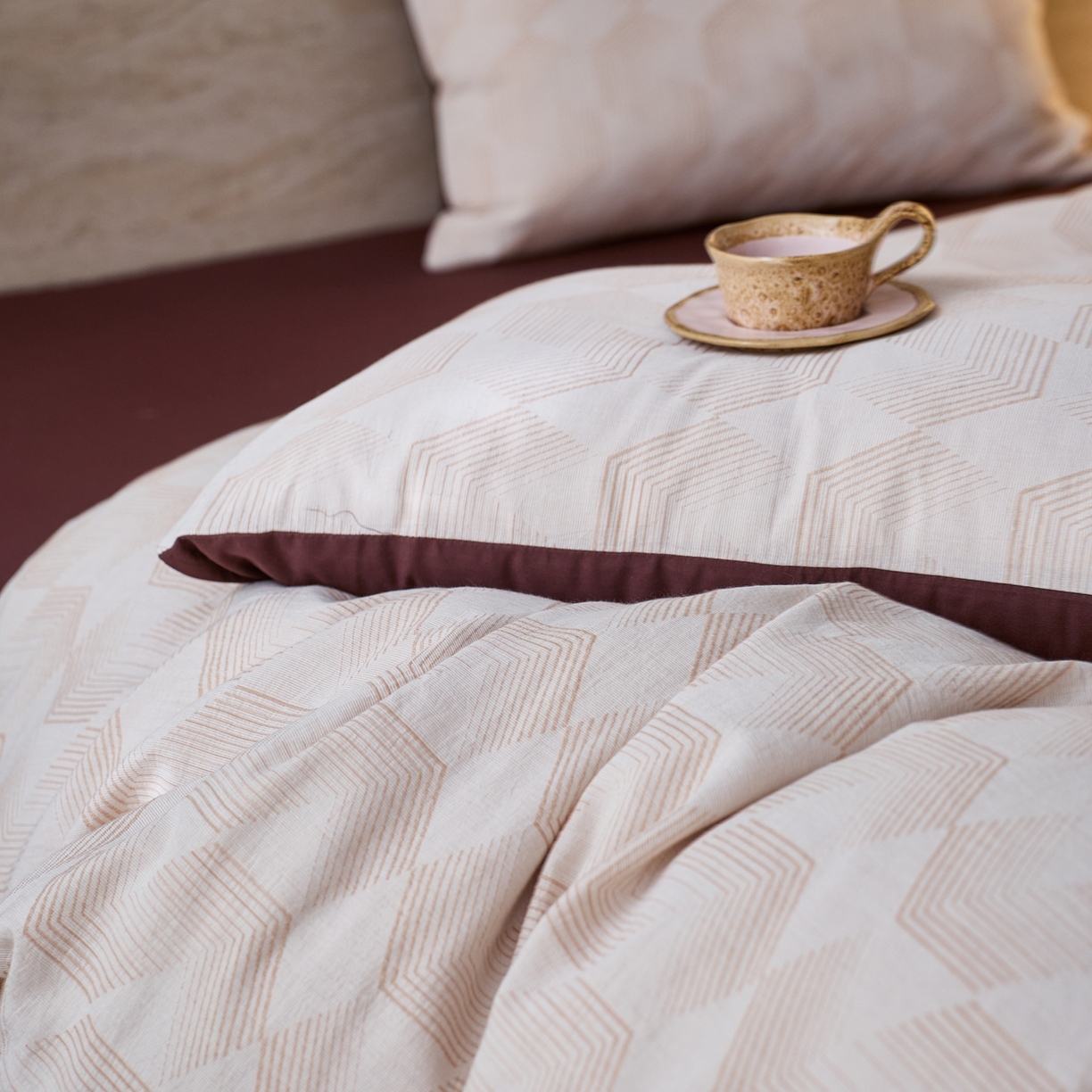 91家纺网 家纺一手货源 找家纺 安莱生活 2026年新品水洗棉全棉纯棉色织提花系列四件套 几何-蜜棕