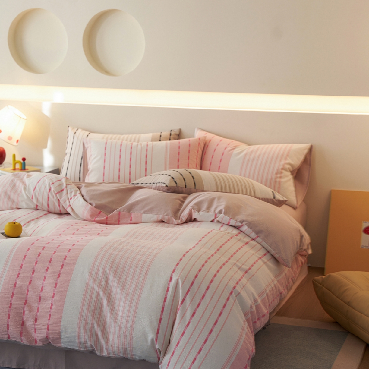 91家纺网 家纺一手货源 找家纺 安莱生活 2026年新品水洗棉全棉纯棉色织提花系列四件套 杰西卡-浅粉