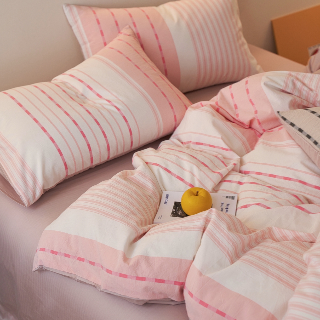 91家纺网 家纺一手货源 找家纺 安莱生活 2026年新品水洗棉全棉纯棉色织提花系列四件套 杰西卡-浅粉