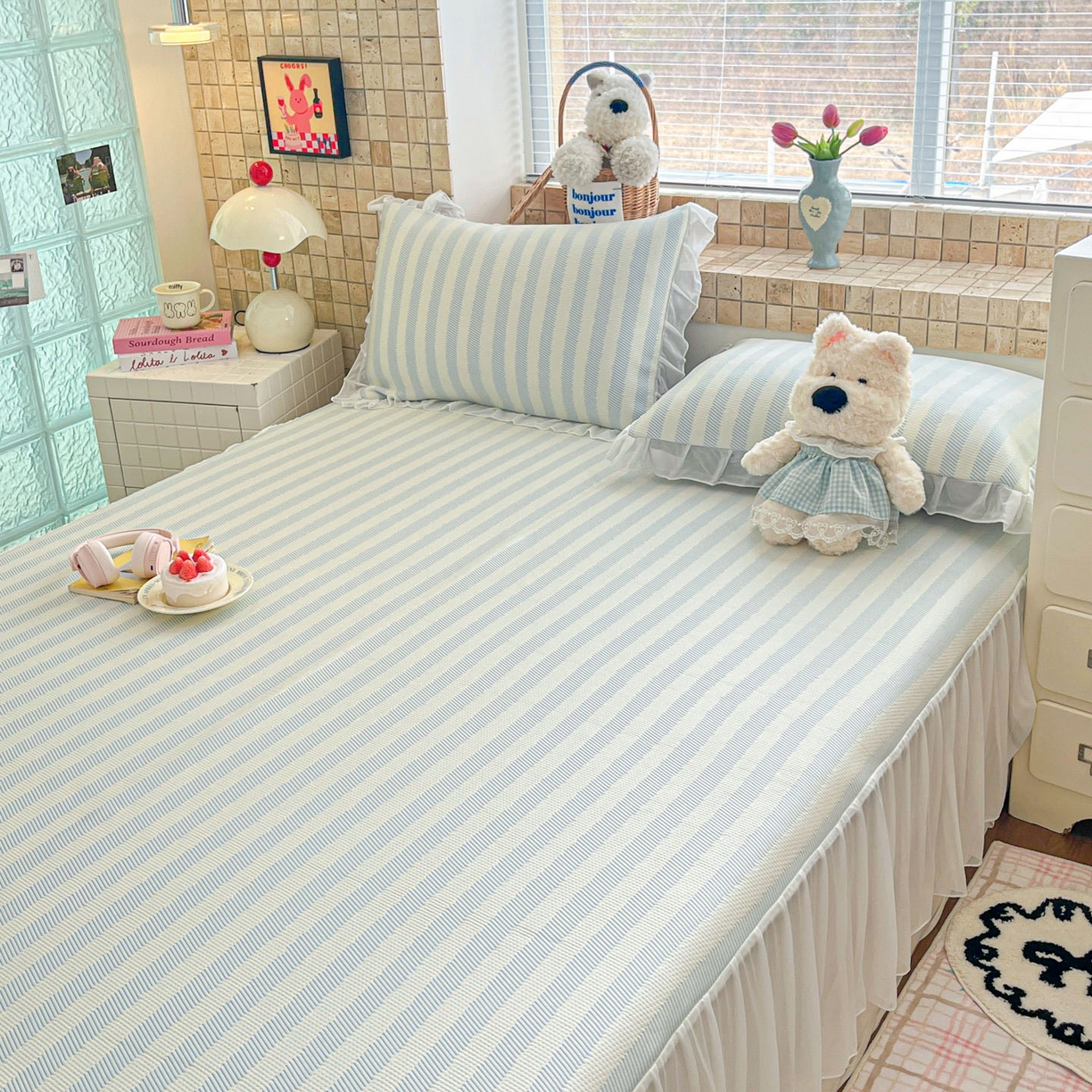 91家纺网 家纺一手货源 找家纺 川悦生活 2026新款加厚三明治底床裙款凉感席三件套 床裙甜心-水蓝