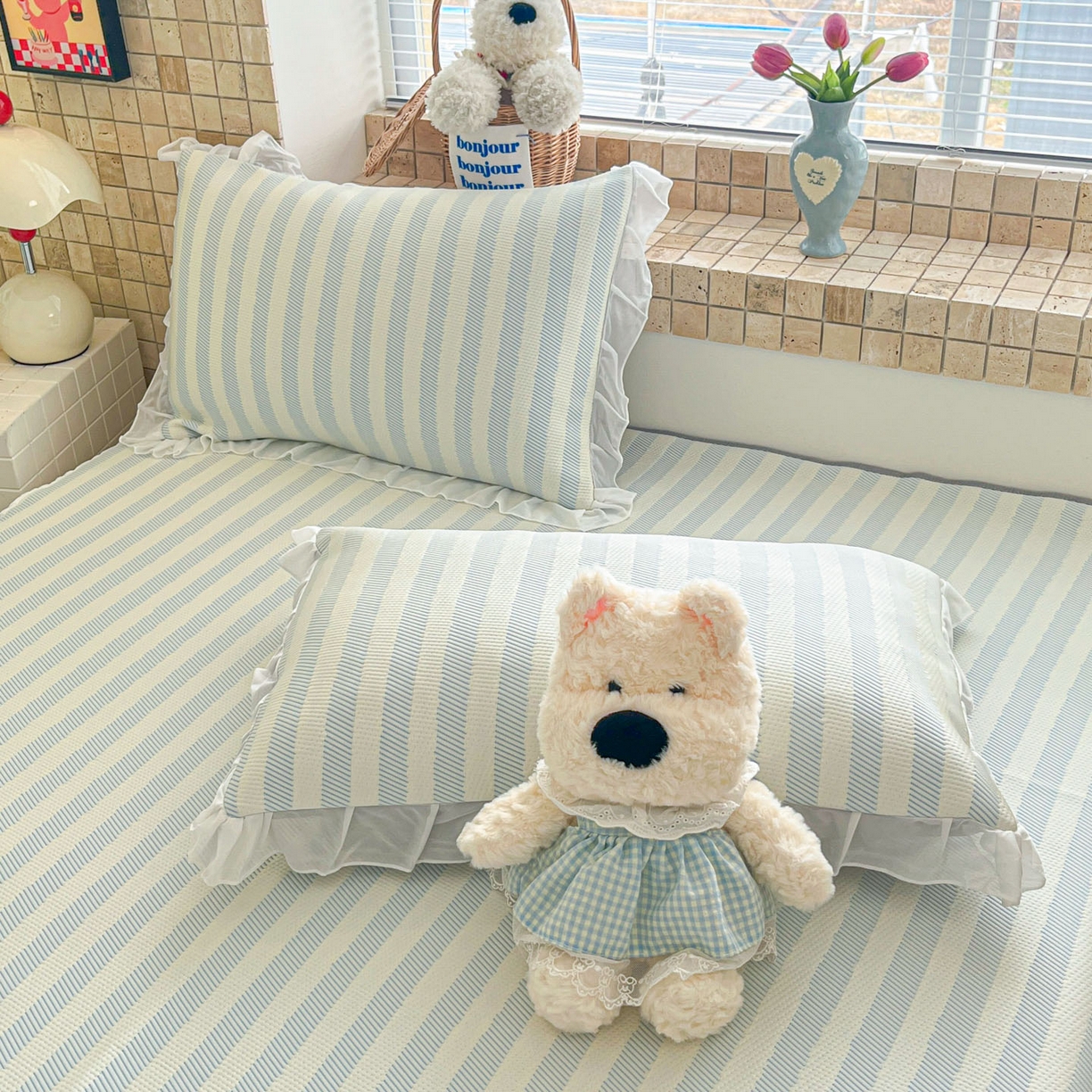 91家纺网 家纺一手货源 找家纺 川悦生活 2026新款加厚三明治底床裙款凉感席三件套 床裙甜心-水蓝