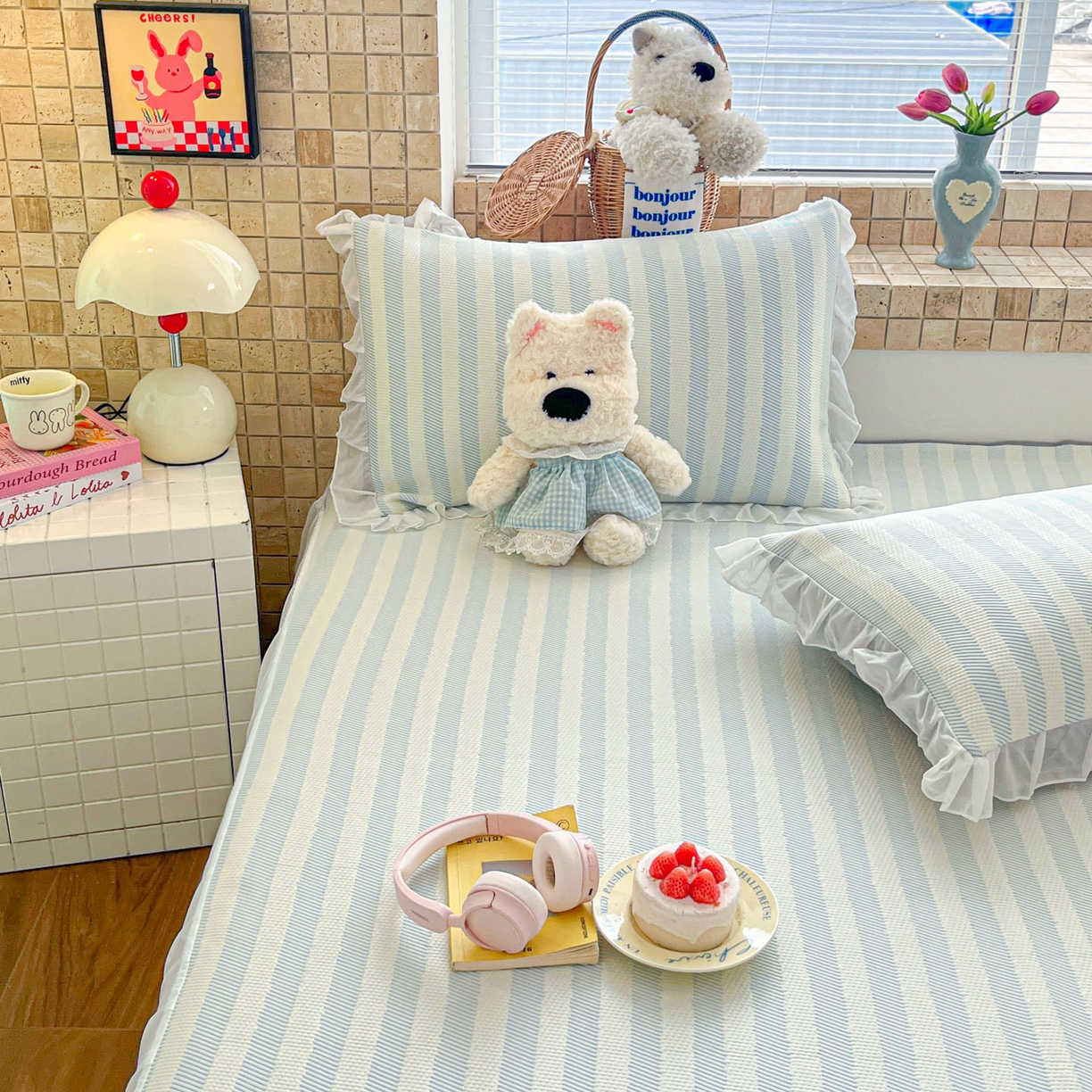 91家纺网 家纺一手货源 找家纺 川悦生活 2026新款加厚三明治底床裙款凉感席三件套 床裙甜心-水蓝