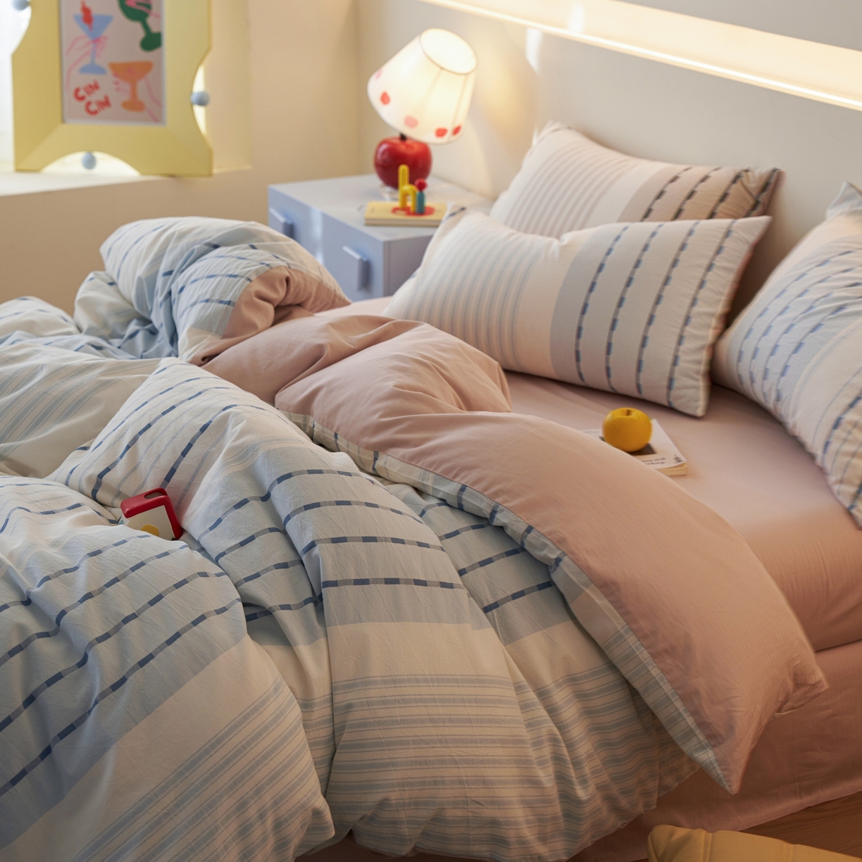 安莱生活 2026年新品水洗棉全棉纯棉色织提花系列四件套 杰西卡-浅蓝